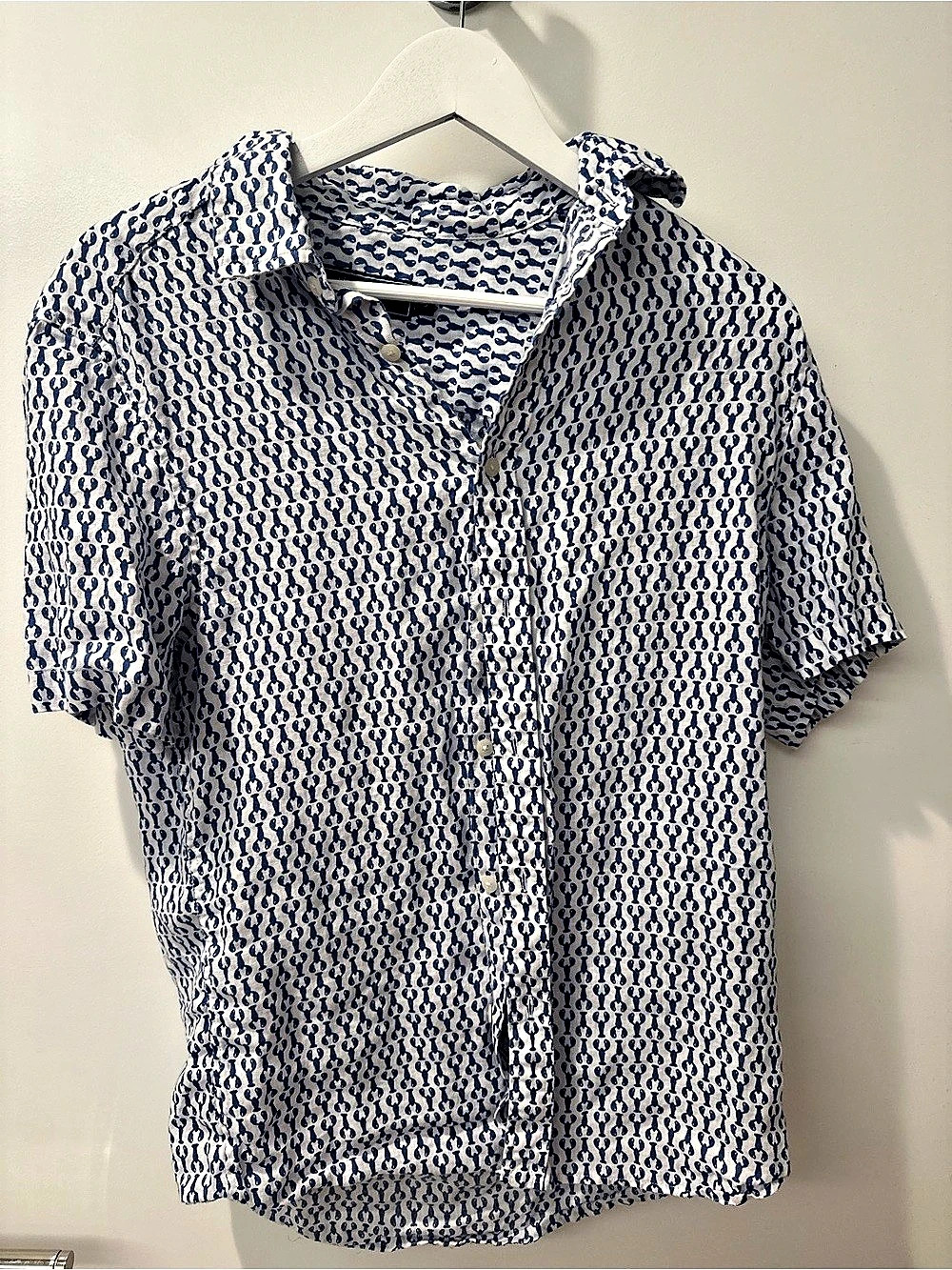 vineyard vines Micro Lobster Linen Short Sleeve Shirt Blue & White Small